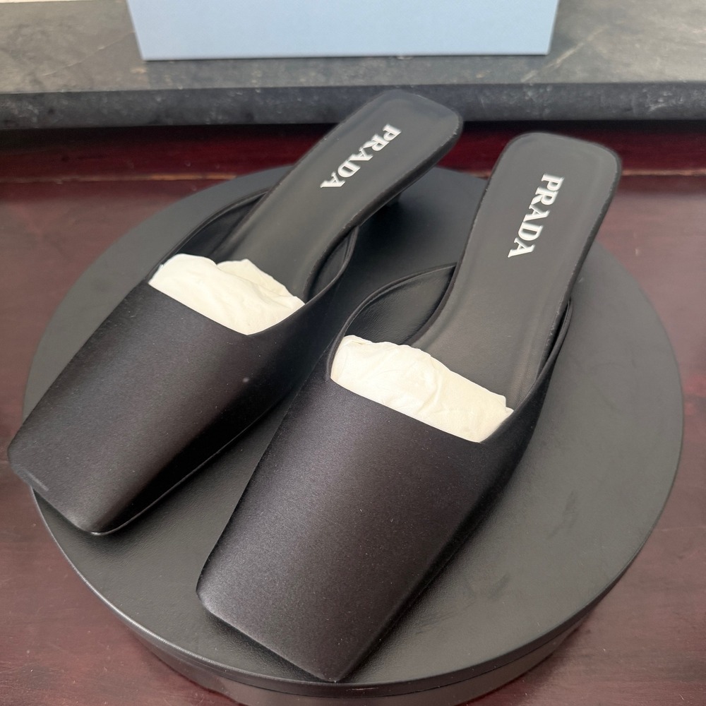 Prada 1I479N Black Satin Square Toe Kitten Heel Mules Sandals Shoes IT 40 - Picture 4 of 13